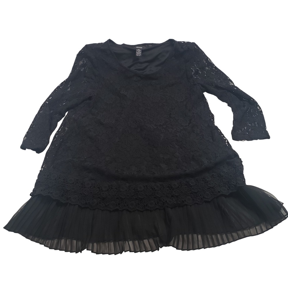 Alfani Womens Lace Pleated Hem Tunic Top Size M Black 3/4 Sleeve